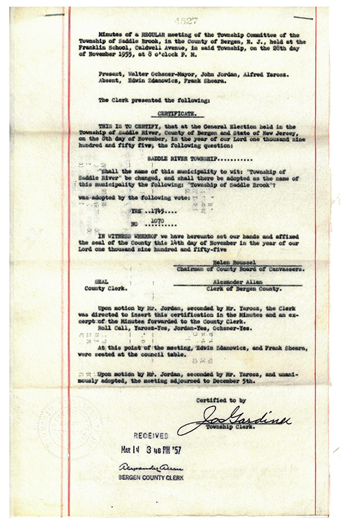 saddle brook election name change Saddle River to Saddle Brook 1955
